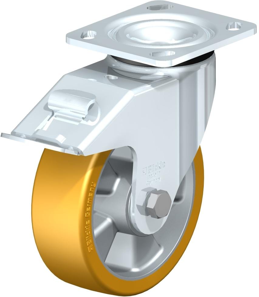 6'' Pressed steel top plate swivel caster, heavy duty Extrathane wheel with stop-fix brake